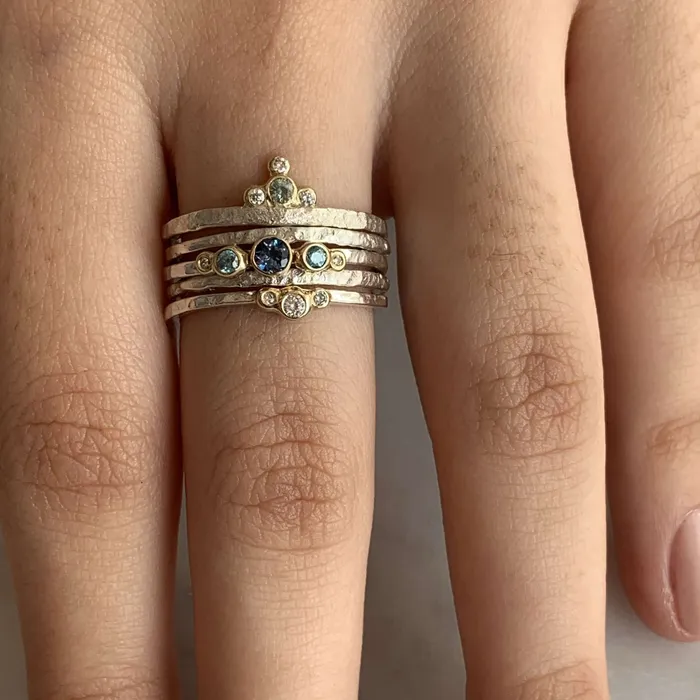 Emily Amey Jewelry Rings Aquamarine and Diamond Trefoil Stacker Ring in 14k and Sterling Silver