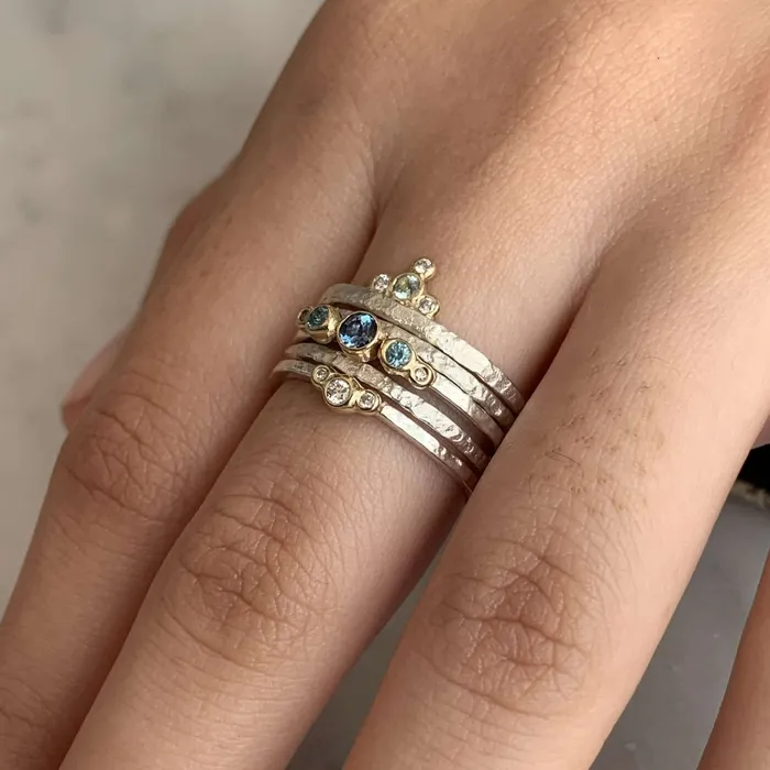 Emily Amey Jewelry Rings Aquamarine and Diamond Trefoil Stacker Ring in 14k and Sterling Silver