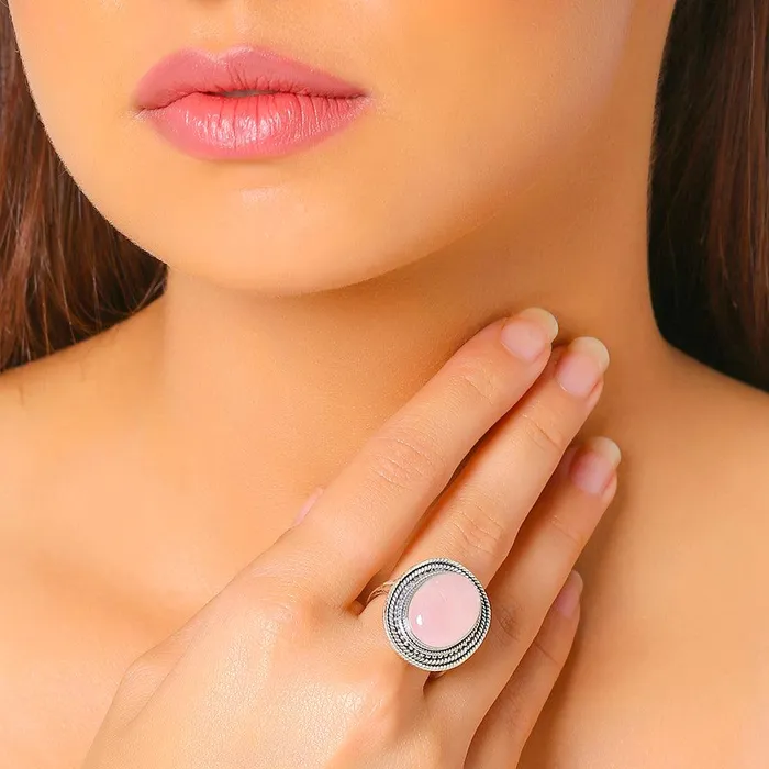 Rings YoTreasure Rose Quartz Solid 925 Sterling Silver Ring Jewelry