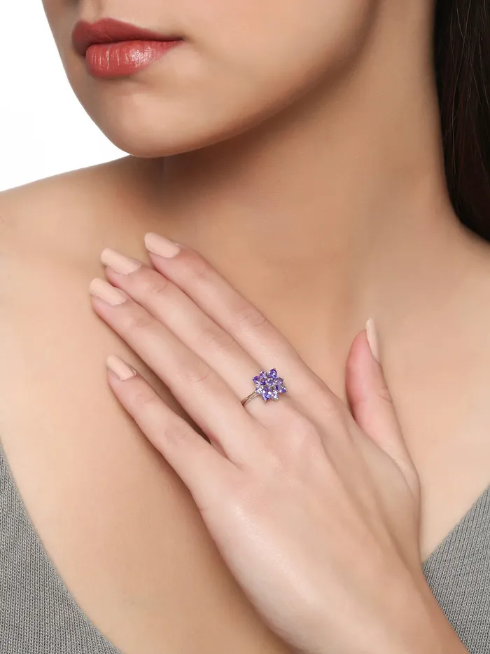 Rings YoTreasure Tanzanite Solid 925 Sterling Silver Flower Cluster Ring Jewelry