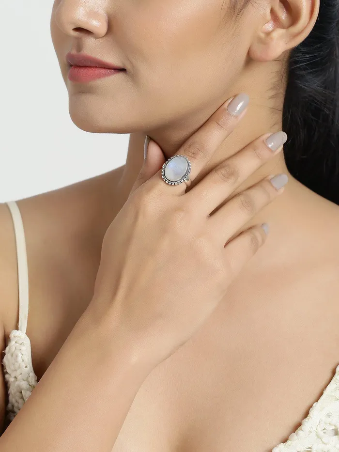 YoTreasure Rings 12x16 MM Rainbow Moonstone Solid 925 Sterling Silver Designer Ring