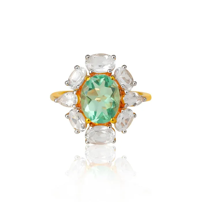 YoTreasure Rings Green Fluorite White Topaz Ring in 14k Gold Over Silver
