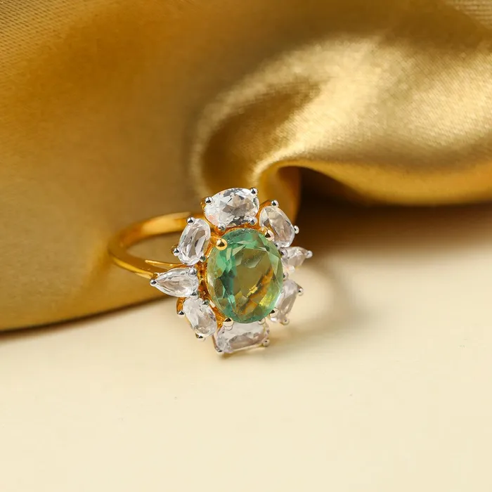 YoTreasure Rings Green Fluorite White Topaz Ring in 14k Gold Over Silver YoTreasure Rings Green Fluorite White Topaz Ring in 14k Gold Over Silver