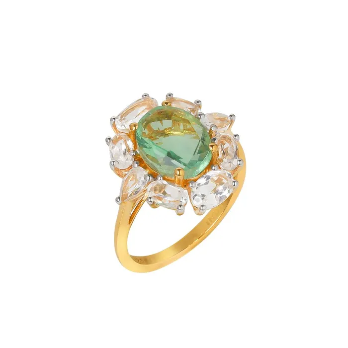 YoTreasure Rings Green Fluorite White Topaz Ring in 14k Gold Over Silver YoTreasure Rings Green Fluorite White Topaz Ring in 14k Gold Over Silver