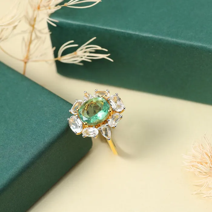 YoTreasure Rings Green Fluorite White Topaz Ring in 14k Gold Over Silver YoTreasure Rings Green Fluorite White Topaz Ring in 14k Gold Over Silver