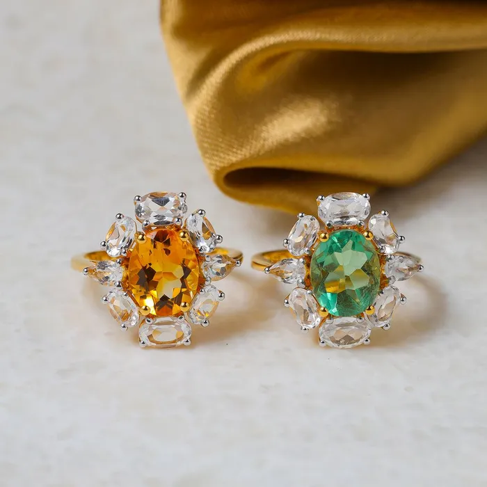 YoTreasure Rings Green Fluorite White Topaz Ring in 14k Gold Over Silver YoTreasure Rings Green Fluorite White Topaz Ring in 14k Gold Over Silver
