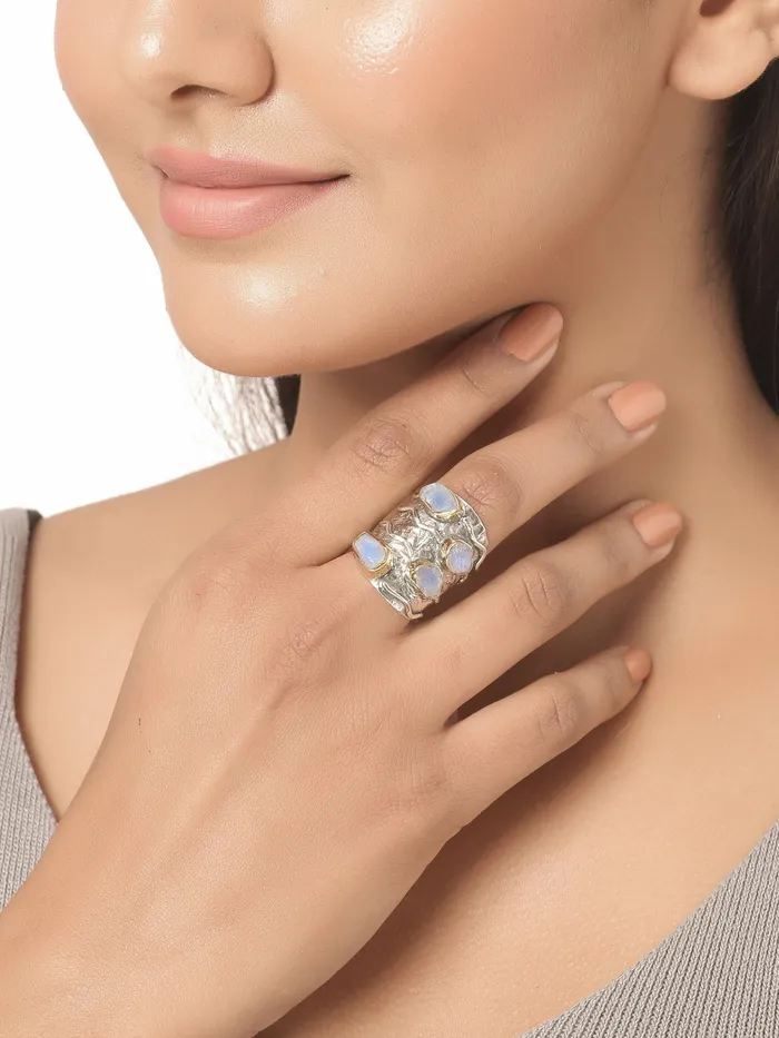 YoTreasure Rings Rough Rainbow Moonstone Ring Solid 925 Sterling Silver Brass Gemstone Jewelry