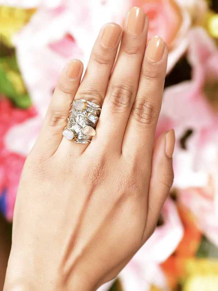 YoTreasure Rings Rough Rainbow Moonstone Ring Solid 925 Sterling Silver Brass Gemstone Jewelry