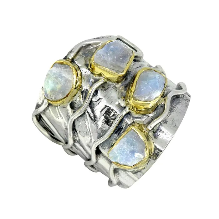 YoTreasure Rings Rough Rainbow Moonstone Ring Solid 925 Sterling Silver Brass Gemstone Jewelry