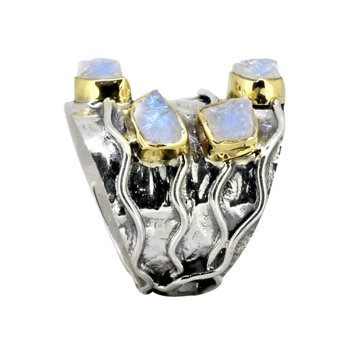 YoTreasure Rings Rough Rainbow Moonstone Ring Solid 925 Sterling Silver Brass Gemstone Jewelry