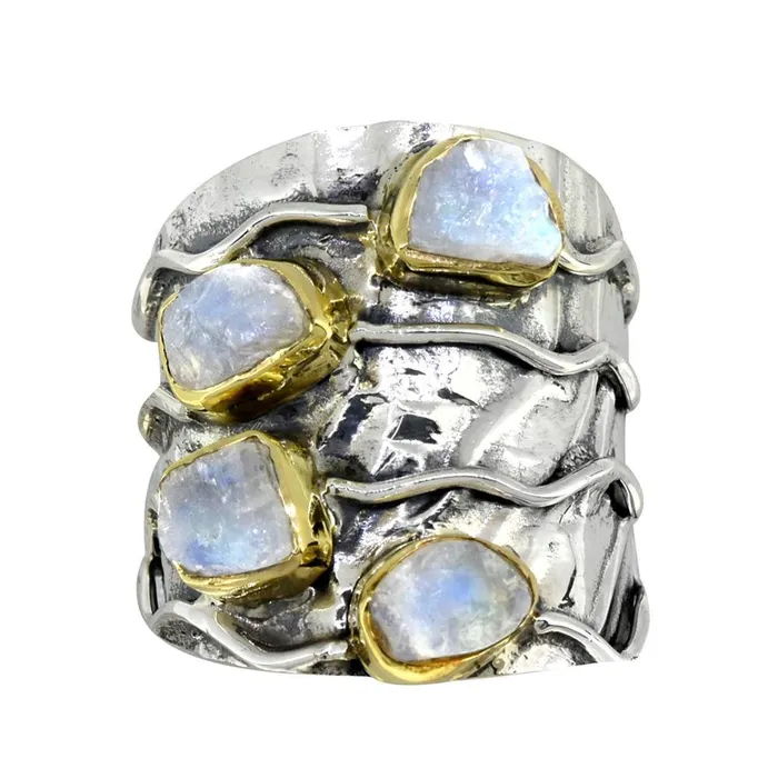 YoTreasure Rings Rough Rainbow Moonstone Ring Solid 925 Sterling Silver Brass Gemstone Jewelry