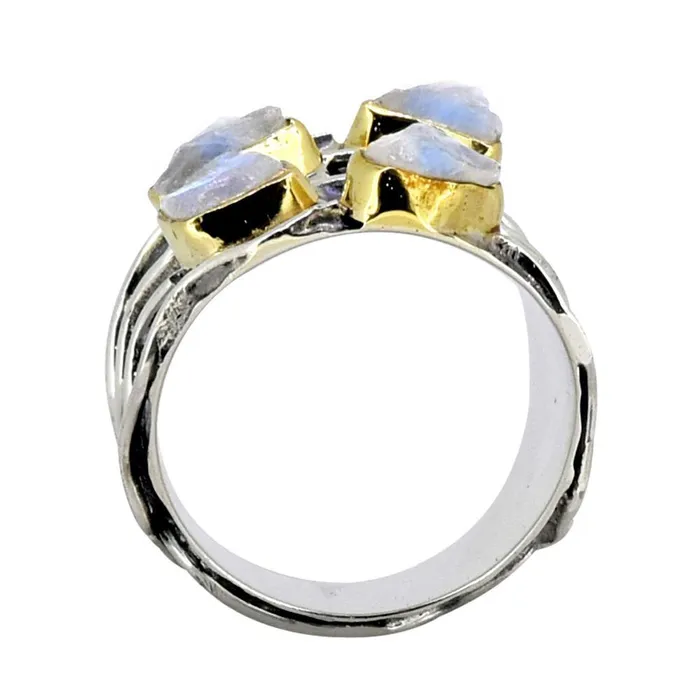 YoTreasure Rings Rough Rainbow Moonstone Ring Solid 925 Sterling Silver Brass Gemstone Jewelry