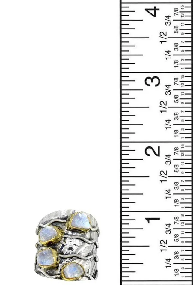 YoTreasure Rings Rough Rainbow Moonstone Ring Solid 925 Sterling Silver Brass Gemstone Jewelry