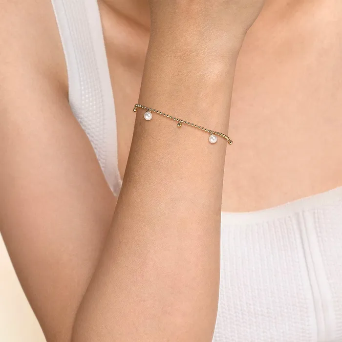 Gabriel 14K Yellow Gold 7 Freshwater Pearls Fancy Link Bracelet GABRIEL CO Bracelets Gabriel 14K Yellow Gold 7 Freshwater Pearls Fancy Link Bracelet GABRIEL CO Bracelets