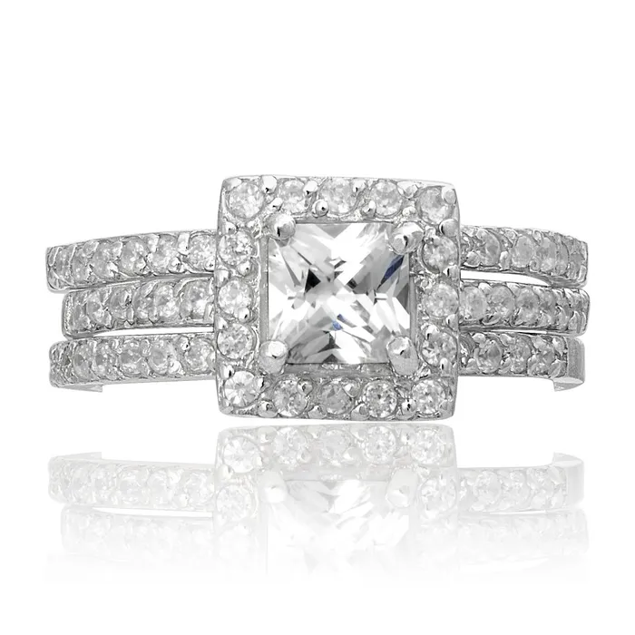 Teeda RSZ2151 Princess Cut Halo CZ Engagement Wedding Ring Set Rings