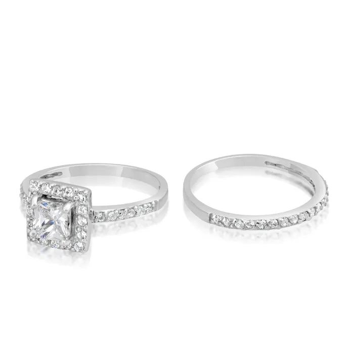 Teeda RSZ2151 Princess Cut Halo CZ Engagement Wedding Ring Set Rings