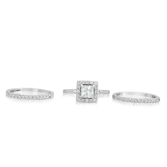 Teeda RSZ2151 Princess Cut Halo CZ Engagement Wedding Ring Set Rings